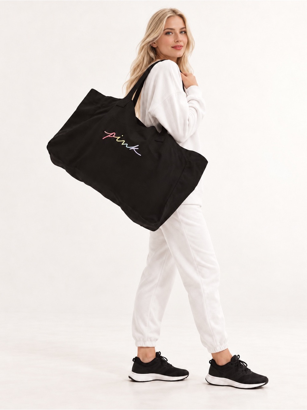 PINK Victoria's Secret Black Tote with Multicolor Script Logo